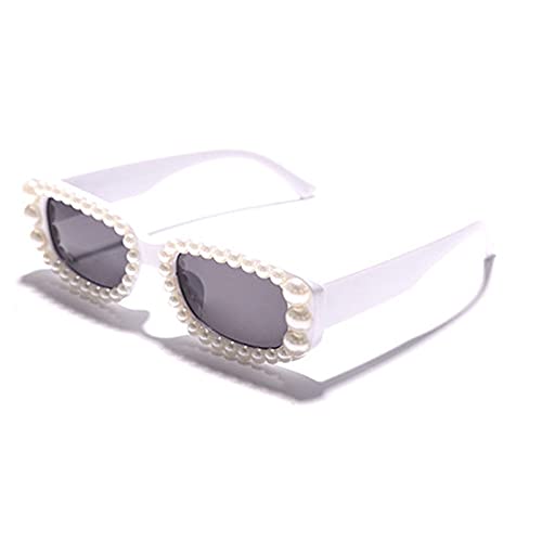 willochra Pearl Rectangular Candy colors Sunglasses Vintage Retro Diamond Narrow Square Rhinestone Party Sun Glasses UV400 (white) - Image 1