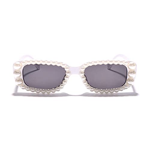 willochra Pearl Rectangular Candy colors Sunglasses Vintage Retro Diamond Narrow Square Rhinestone Party Sun Glasses UV400 (white) - Image 3