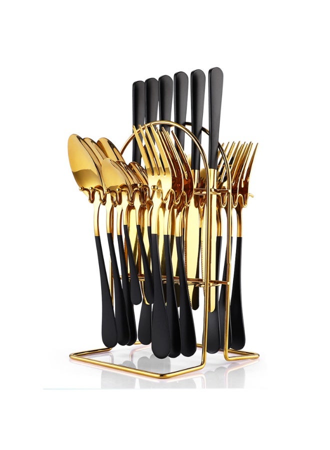 عربست طقم أدوات مائدة مكون من 24 قطعة، طقم أدوات مائدة من الفولاذ المقاوم للصدأ من كالياماري مع حامل أدوات المائدة، يتضمن ملاعق وشوك وسكاكين، يكفي لستة أشخاص، بتصميم ذهبي مصقول ووردي مطفي (أسود)... - Image 1