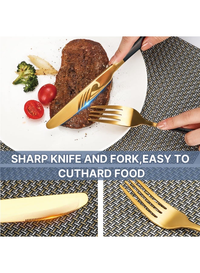 عربست طقم أدوات مائدة مكون من 24 قطعة، طقم أدوات مائدة من الفولاذ المقاوم للصدأ من كالياماري مع حامل أدوات المائدة، يتضمن ملاعق وشوك وسكاكين، يكفي لستة أشخاص، بتصميم ذهبي مصقول ووردي مطفي (أسود)... - Image 4