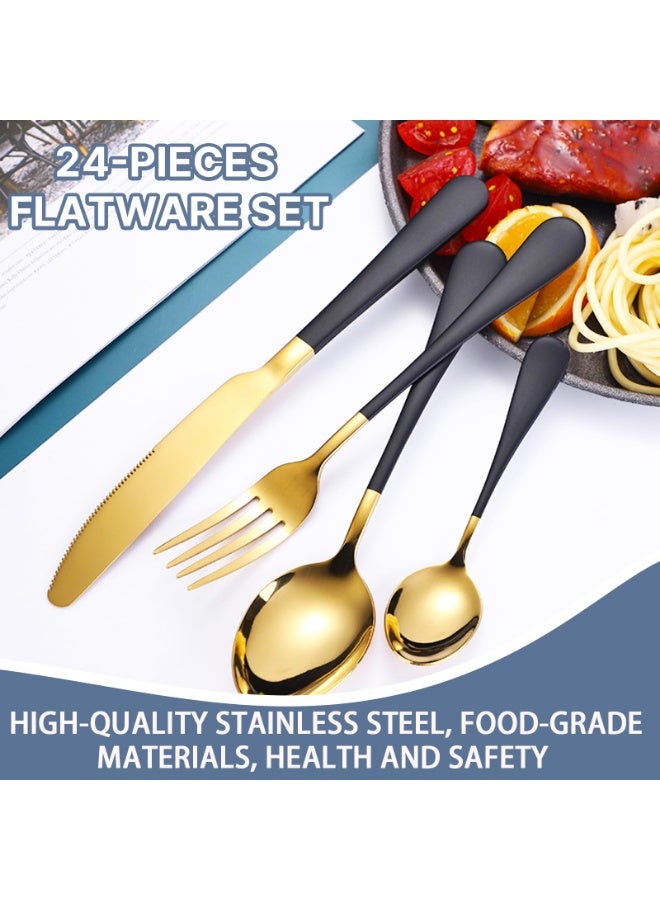 عربست طقم أدوات مائدة مكون من 24 قطعة، طقم أدوات مائدة من الفولاذ المقاوم للصدأ من كالياماري مع حامل أدوات المائدة، يتضمن ملاعق وشوك وسكاكين، يكفي لستة أشخاص، بتصميم ذهبي مصقول ووردي مطفي (أسود)... - Image 3
