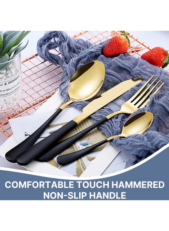 عربست طقم أدوات مائدة مكون من 24 قطعة، طقم أدوات مائدة من الفولاذ المقاوم للصدأ من كالياماري مع حامل أدوات المائدة، يتضمن ملاعق وشوك وسكاكين، يكفي لستة أشخاص، بتصميم ذهبي مصقول ووردي مطفي (أسود)... - Image 2