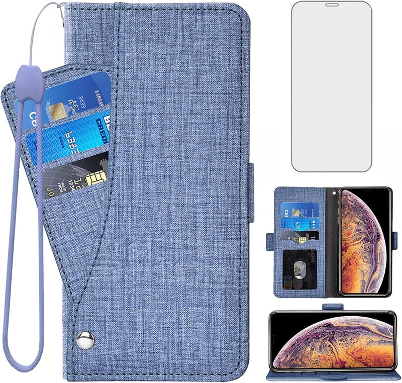 Asuwish Compatible with iPhone Xs X 10 10s Wallet Case Tempered Glass Screen Protector and Flip Cover Card Holder Cell Phone Cases for iPhoneX iPhoneXs iPhone10 i PhoneX SX 10x 10xs X’s Women Men Blue - Image 1