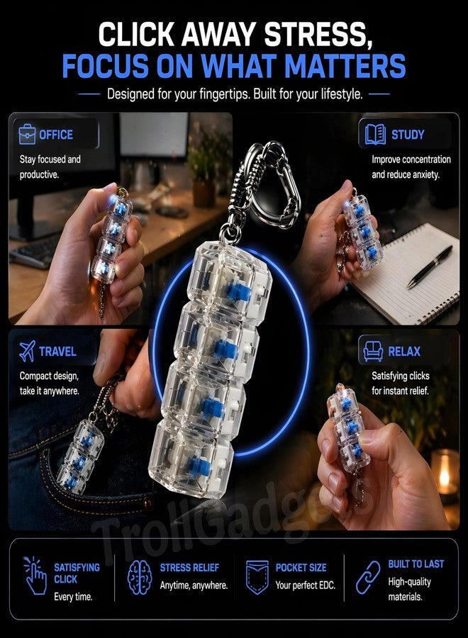 Troll Gadgets سلسلة مفاتيح TrollGadgets® على شكل لوحة مفاتيح مزودة بإضاءة LED و4 أزرار - مفتاح نقر ميكانيكي، لعبة لتخفيف التوتر، مضادة لقضم الأظافر، مناسبة للجيب - Image 4