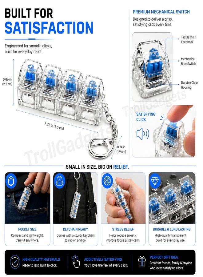 Troll Gadgets سلسلة مفاتيح TrollGadgets® على شكل لوحة مفاتيح مزودة بإضاءة LED و4 أزرار - مفتاح نقر ميكانيكي، لعبة لتخفيف التوتر، مضادة لقضم الأظافر، مناسبة للجيب - Image 3