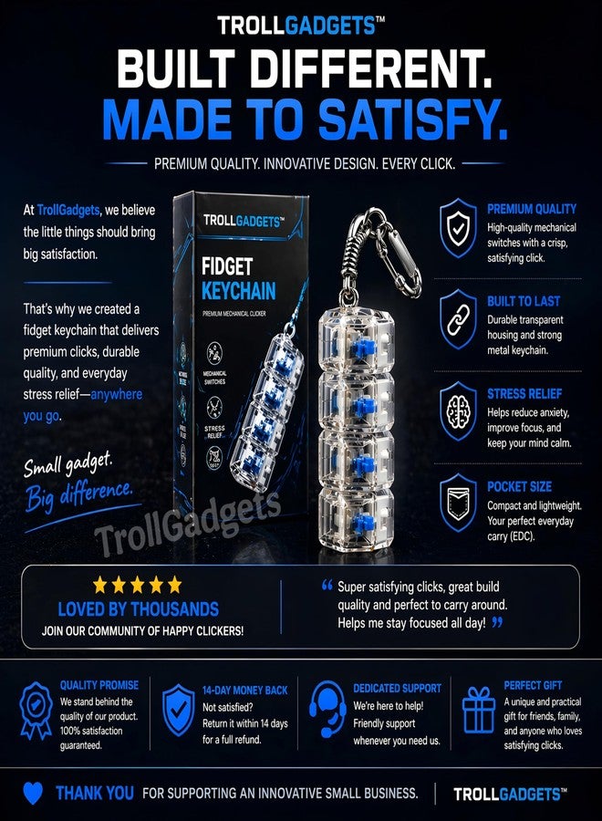 Troll Gadgets سلسلة مفاتيح TrollGadgets® على شكل لوحة مفاتيح مزودة بإضاءة LED و4 أزرار - مفتاح نقر ميكانيكي، لعبة لتخفيف التوتر، مضادة لقضم الأظافر، مناسبة للجيب - Image 5
