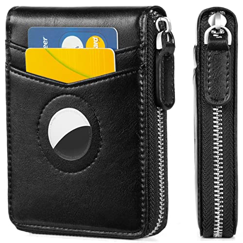 Huztencor AirTag Wallet, Mens Wallet Zipper RFID Slim Leather RFID Credit Card Wallet with Built-in Case Holder for Apple AirTag Oil Black - Image 1