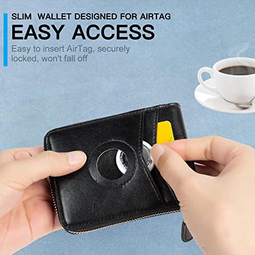 Huztencor AirTag Wallet, Mens Wallet Zipper RFID Slim Leather RFID Credit Card Wallet with Built-in Case Holder for Apple AirTag Oil Black - Image 4