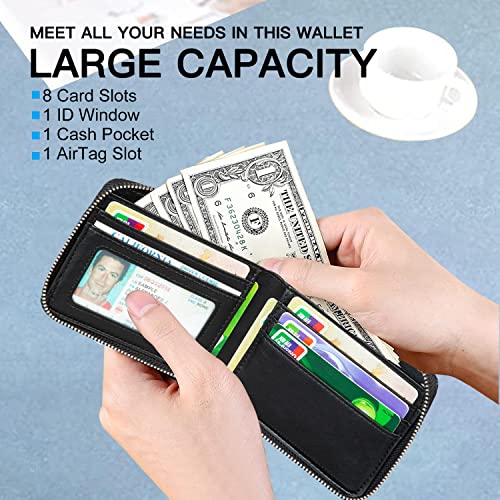 Huztencor AirTag Wallet, Mens Wallet Zipper RFID Slim Leather RFID Credit Card Wallet with Built-in Case Holder for Apple AirTag Oil Black - Image 3