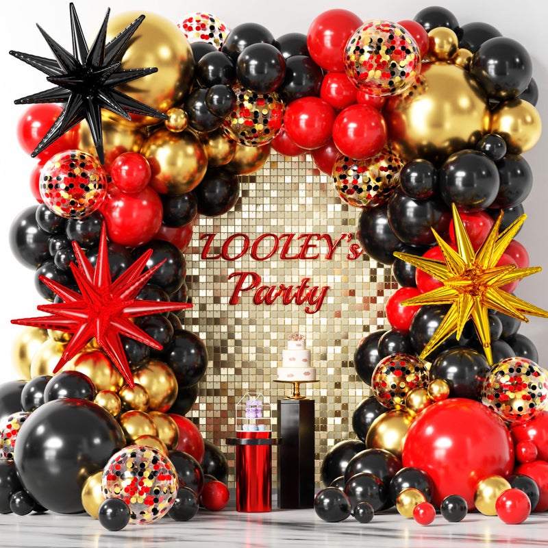 LOOLEY 137Pcs Red Black Gold Balloons Garland Arch Kit with Stars - 5 10 12 18 inch Red Black Gold Confetti Latex Balloons for Graduation Hollywood Casino Theme Party Decorations - Image 1