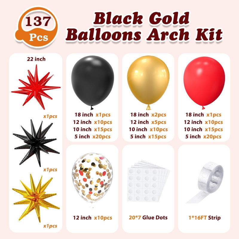 LOOLEY 137Pcs Red Black Gold Balloons Garland Arch Kit with Stars - 5 10 12 18 inch Red Black Gold Confetti Latex Balloons for Graduation Hollywood Casino Theme Party Decorations - Image 3