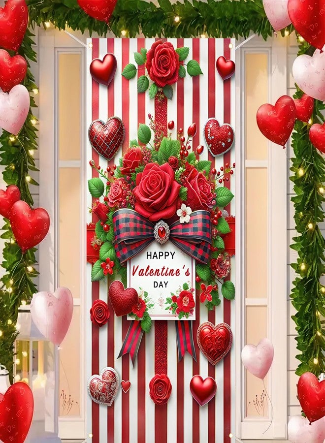 BlissYard Valentines Day Door Cover Romantic Red Roses Hanging Banner Backdrop for Valentines Decorations and Photo Background 70x35 Inches - Image 2