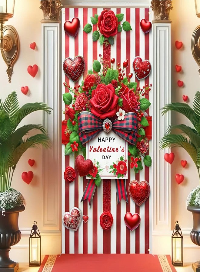 BlissYard Valentines Day Door Cover Romantic Red Roses Hanging Banner Backdrop for Valentines Decorations and Photo Background 70x35 Inches - Image 3