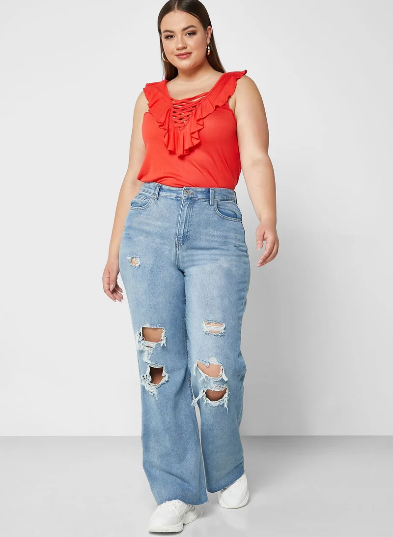 BRAVE SOUL Distressed High Waist Wide Leg Jeans