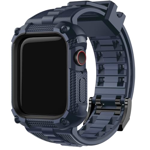 Fullmosa Compatible with Apple Watch Bands 45mm Series 9/8/7, TPU Rugged iWatch Strap Military Grade Shockproof Bumper Case with Screen Protector for Men Women, Blue - Image 1
