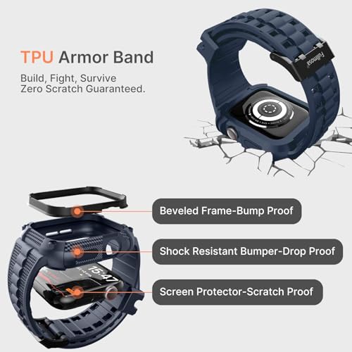 Fullmosa Compatible with Apple Watch Bands 45mm Series 9/8/7, TPU Rugged iWatch Strap Military Grade Shockproof Bumper Case with Screen Protector for Men Women, Blue - Image 2