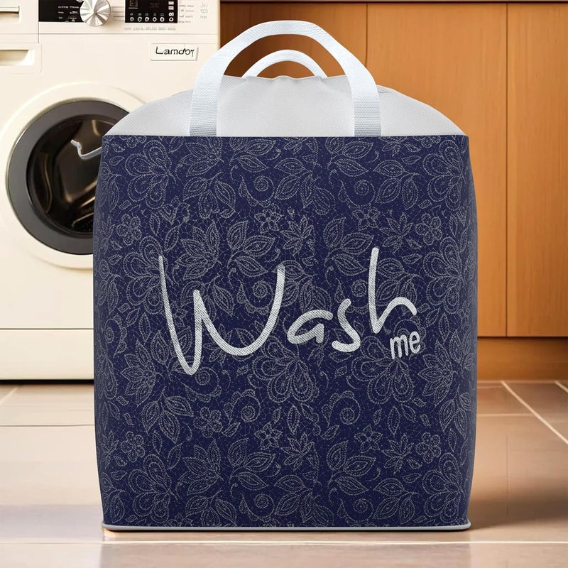 Kuber Industries Clothes Basket 106 LTR Waterproof Toy Basket Flower Square Dori Laundry Bag Cloth Storage Bin Foldable Washing Box Hamper with Handles Navy Blue - Image 1