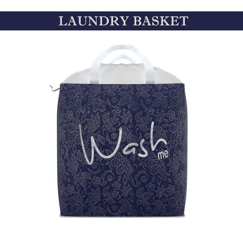 Kuber Industries Clothes Basket 106 LTR Waterproof Toy Basket Flower Square Dori Laundry Bag Cloth Storage Bin Foldable Washing Box Hamper with Handles Navy Blue - Image 2