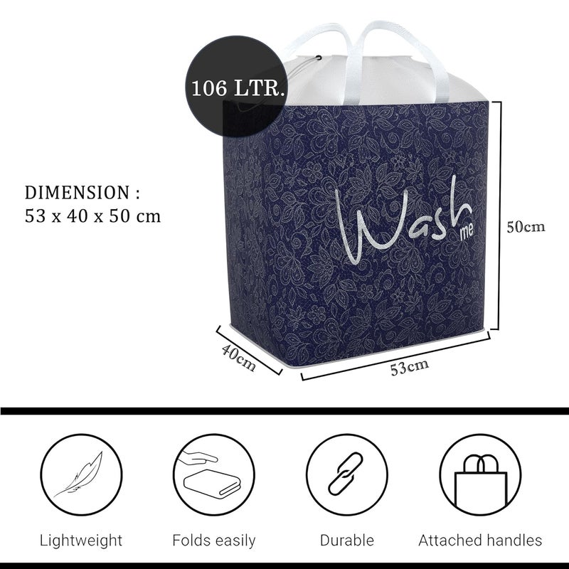 Kuber Industries Clothes Basket 106 LTR Waterproof Toy Basket Flower Square Dori Laundry Bag Cloth Storage Bin Foldable Washing Box Hamper with Handles Navy Blue - Image 3