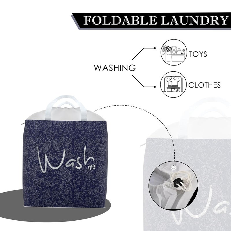 Kuber Industries Clothes Basket 106 LTR Waterproof Toy Basket Flower Square Dori Laundry Bag Cloth Storage Bin Foldable Washing Box Hamper with Handles Navy Blue - Image 5
