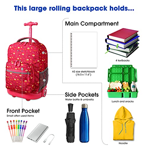 J World New York J World Sunrise Kids Rolling Backpack for Girls Boys. Roller Bookbag With Wheels For School, Fox - Image 3
