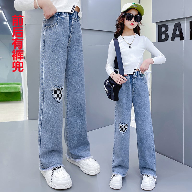 Girls' Jeans 2024 Large Children'S Embroidered Pants Little Girl'S Foot Pants - Image 1