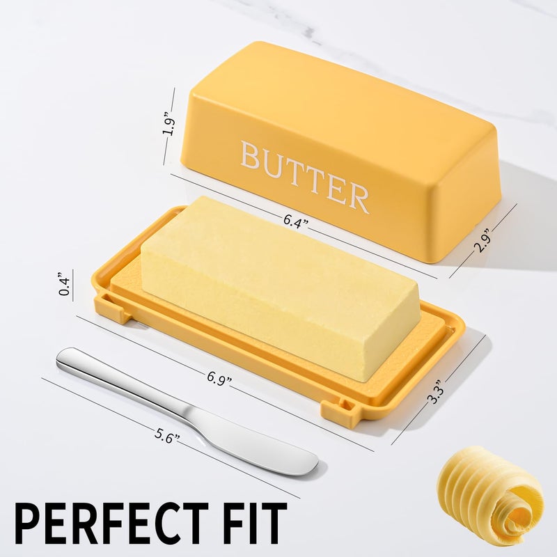 Dehov Butter Tray With Cover And Knife,Food Grade Plastic Butter Dishes With Lid And Stainless Steel Cheese Knife For Countertop,Yellow Cheese Storage Container - Image 2
