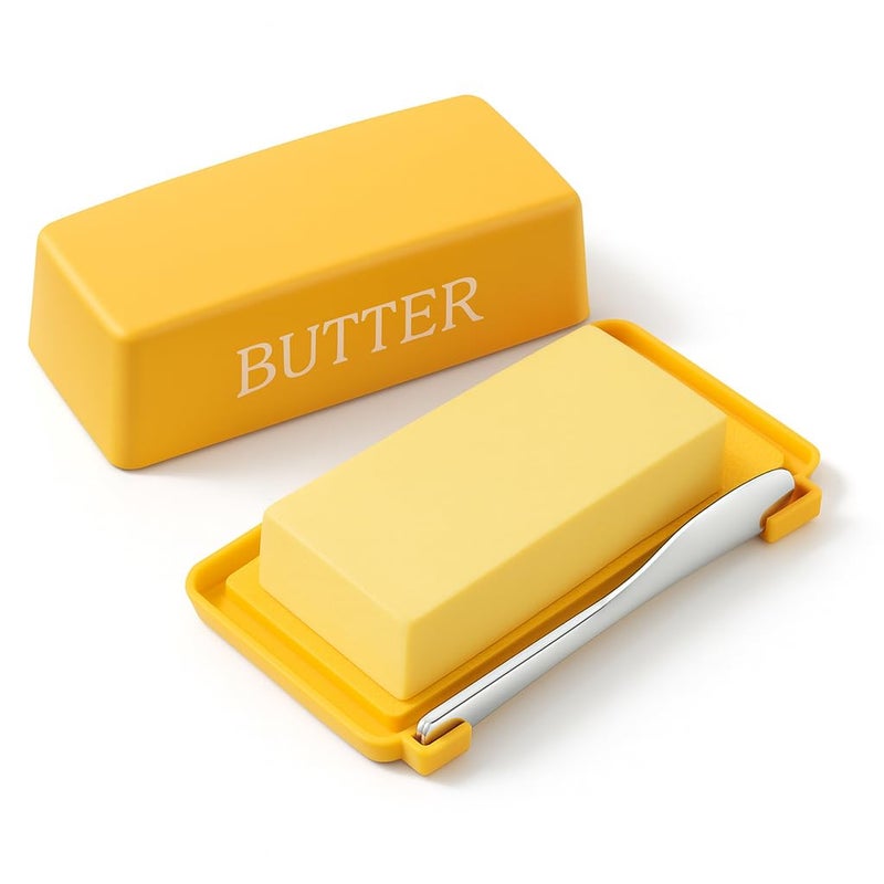 Dehov Butter Tray With Cover And Knife,Food Grade Plastic Butter Dishes With Lid And Stainless Steel Cheese Knife For Countertop,Yellow Cheese Storage Container - Image 1