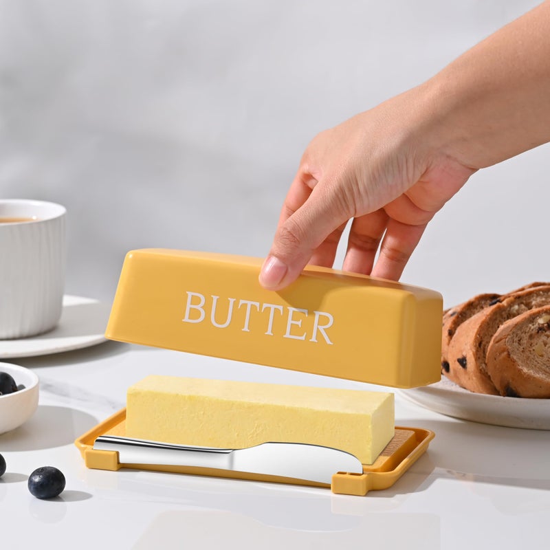 Dehov Butter Tray With Cover And Knife,Food Grade Plastic Butter Dishes With Lid And Stainless Steel Cheese Knife For Countertop,Yellow Cheese Storage Container - Image 4