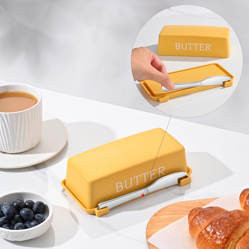 Dehov Butter Tray With Cover And Knife,Food Grade Plastic Butter Dishes With Lid And Stainless Steel Cheese Knife For Countertop,Yellow Cheese Storage Container - Image 3