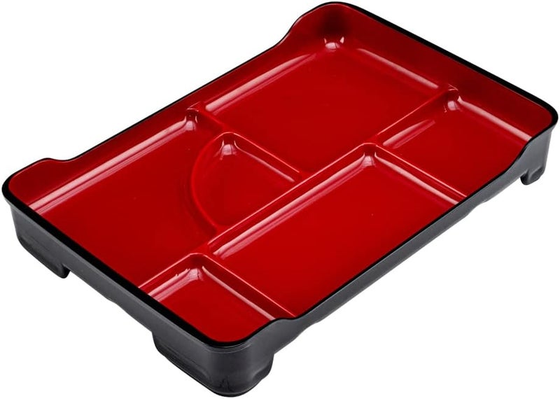 Restaurantware Bento Tek 14 x 91 x 2 Inch Compartment Lunch Plates 1 Japanese Style Adult Lunch Plate  With 5 Compartments Reusable Black  Red Plastic Separated Meal Plate For Hot  Cold Food - Image 2