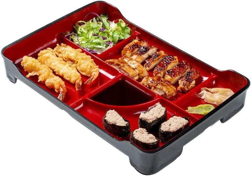 Restaurantware Bento Tek 14 x 91 x 2 Inch Compartment Lunch Plates 1 Japanese Style Adult Lunch Plate  With 5 Compartments Reusable Black  Red Plastic Separated Meal Plate For Hot  Cold Food - Image 1
