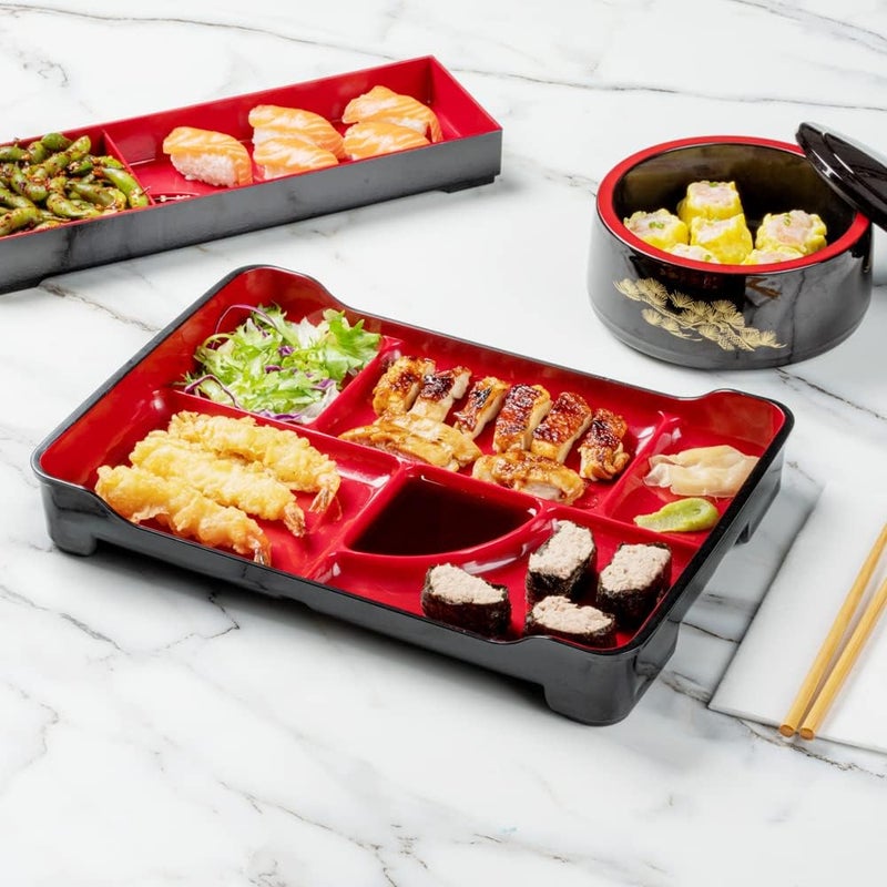 Restaurantware Bento Tek 14 x 91 x 2 Inch Compartment Lunch Plates 1 Japanese Style Adult Lunch Plate  With 5 Compartments Reusable Black  Red Plastic Separated Meal Plate For Hot  Cold Food - Image 3