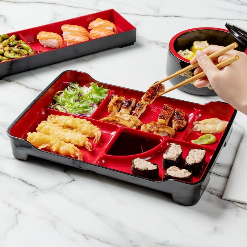Restaurantware Bento Tek 14 x 91 x 2 Inch Compartment Lunch Plates 1 Japanese Style Adult Lunch Plate  With 5 Compartments Reusable Black  Red Plastic Separated Meal Plate For Hot  Cold Food - Image 5
