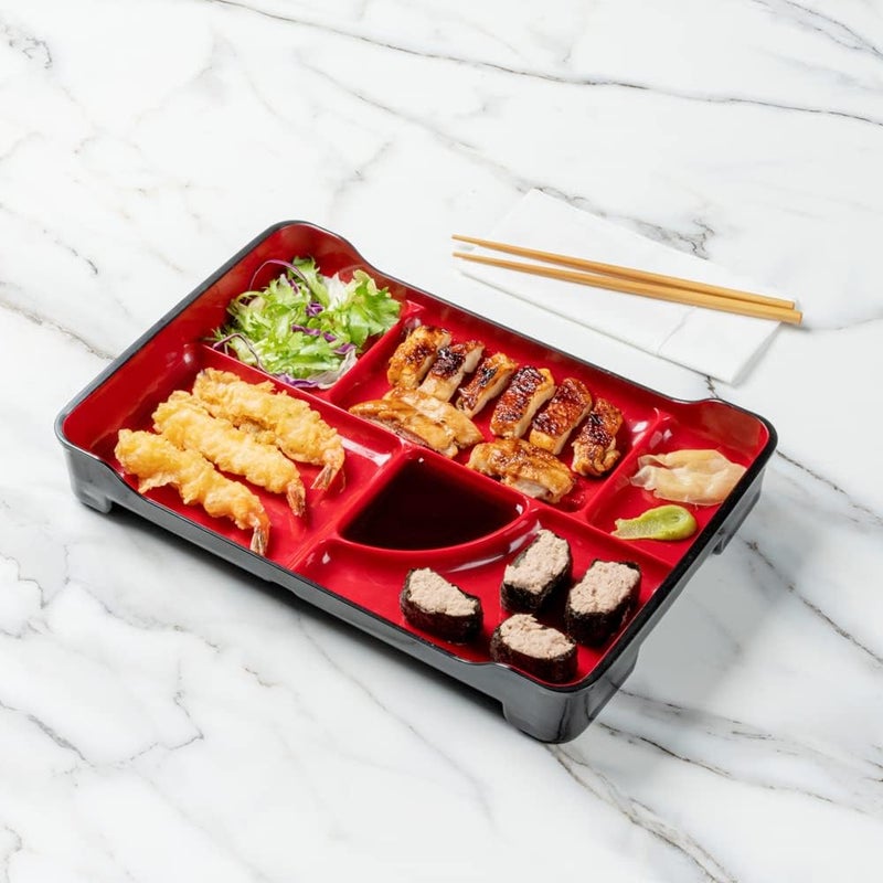 Restaurantware Bento Tek 14 x 91 x 2 Inch Compartment Lunch Plates 1 Japanese Style Adult Lunch Plate  With 5 Compartments Reusable Black  Red Plastic Separated Meal Plate For Hot  Cold Food - Image 4