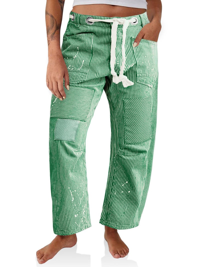 PLNOTME Womens Baggy Barrel Horseshoe Jeans Wide Leg Patchwork Low Rise Striped Pants with Pockets Green - Image 1