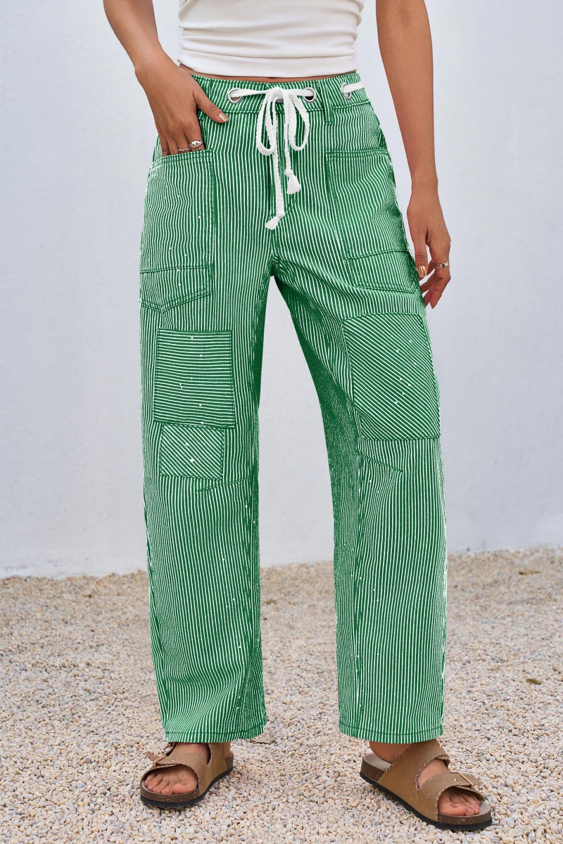 PLNOTME Womens Baggy Barrel Horseshoe Jeans Wide Leg Patchwork Low Rise Striped Pants with Pockets Green - Image 4