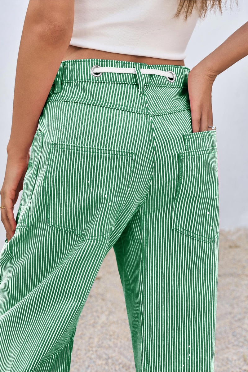 PLNOTME Womens Baggy Barrel Horseshoe Jeans Wide Leg Patchwork Low Rise Striped Pants with Pockets Green - Image 3