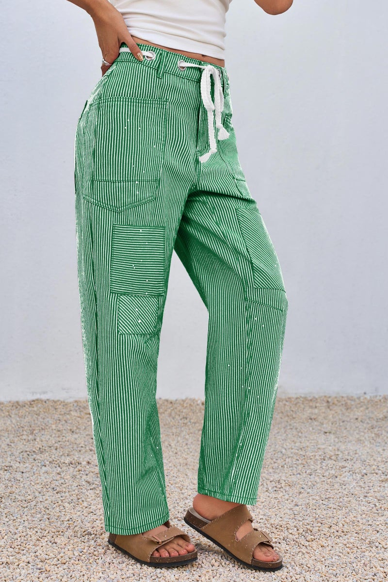 PLNOTME Womens Baggy Barrel Horseshoe Jeans Wide Leg Patchwork Low Rise Striped Pants with Pockets Green - Image 2