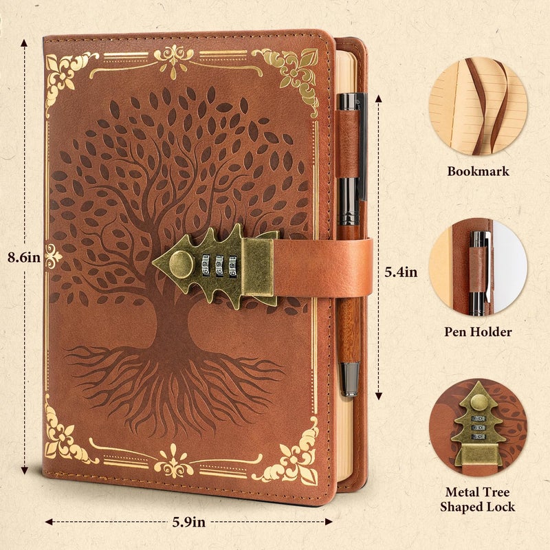 WEMATE Lock Journal with Pen & Gift Box, A5 260 Pages, Refillable, Hardcover Leather Password Notebook for Writing, Vintage Lock Diary for Women, Girls, Men, Students, 8.6 x 5.8 in, Brown - Image 3