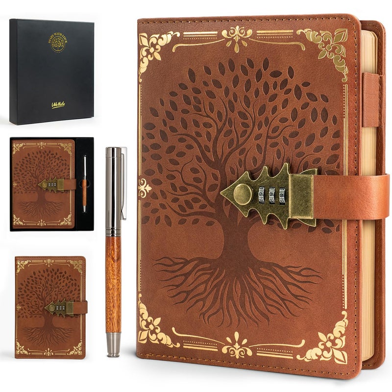 WEMATE Lock Journal with Pen & Gift Box, A5 260 Pages, Refillable, Hardcover Leather Password Notebook for Writing, Vintage Lock Diary for Women, Girls, Men, Students, 8.6 x 5.8 in, Brown - Image 1