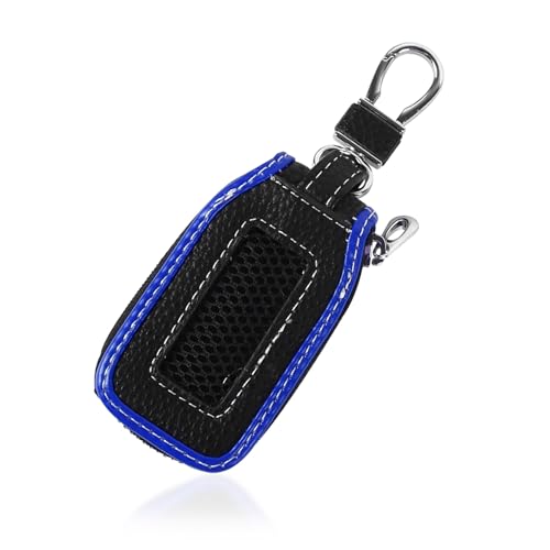 Hbxdeco Car Key Fob Case, Leather Car Key Chain Case Holder with Mesh Window, Universal Auto Keychain Case Protector Cover (Black+Blue) - Image 1