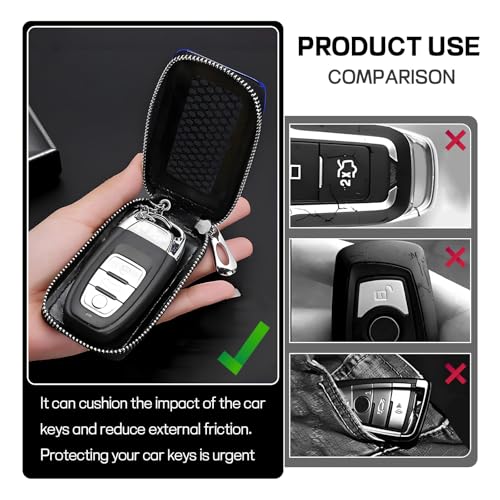 Hbxdeco Car Key Fob Case, Leather Car Key Chain Case Holder with Mesh Window, Universal Auto Keychain Case Protector Cover (Black+Blue) - Image 4