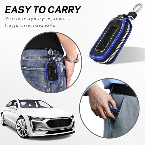 Hbxdeco Car Key Fob Case, Leather Car Key Chain Case Holder with Mesh Window, Universal Auto Keychain Case Protector Cover (Black+Blue) - Image 5