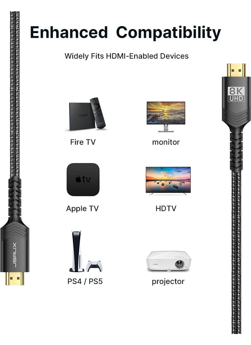 JSAUX 8k UHD Long HDMI Cable 48GBPS High Speed ​​HDMI 2.1 Braided Gaming Cable 4K 120Hz 144Hz 8k 60Hz Dynamic Hdr Dts:x 1080P 3D Earc Laptop UHD TV Game Monitor PS5 PS4 Compatible CV0011  - Image 3