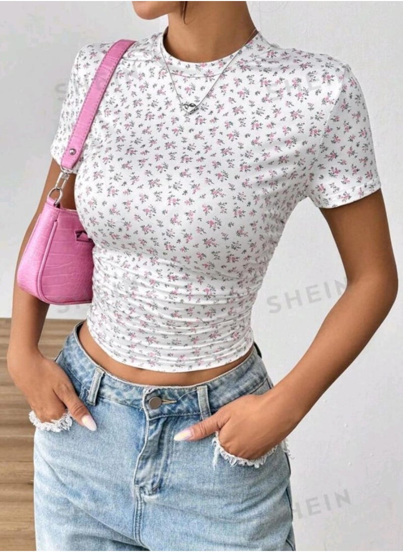 Shein SHEIN Slim Fit Round Neck Floral Printed Short Sleeve T-Shirt  - Image 2