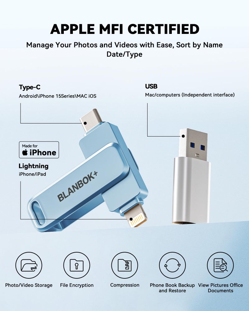 BLANBOK+ MFi Certified 256GB iPhone Photo Stick, USB Flash Drive for Photo/Video Backup, High-Speed Thumb Drive Compatible for iPhone/iPad/Android/PC (Blue) - Image 2