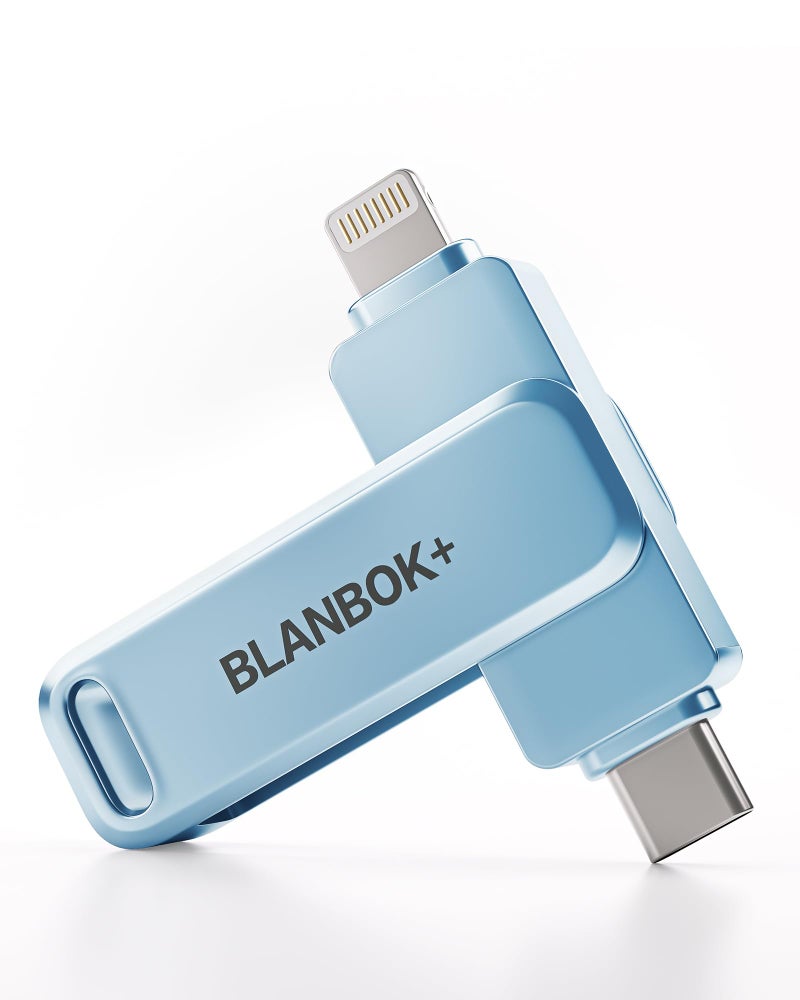 BLANBOK+ MFi Certified 256GB iPhone Photo Stick, USB Flash Drive for Photo/Video Backup, High-Speed Thumb Drive Compatible for iPhone/iPad/Android/PC (Blue) - Image 1