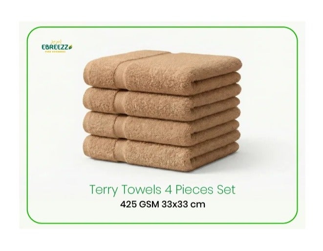 Premium Terry Face Towels Set – 4 Pieces, 425 GSM Soft Cotton Towels (33×33 cm)