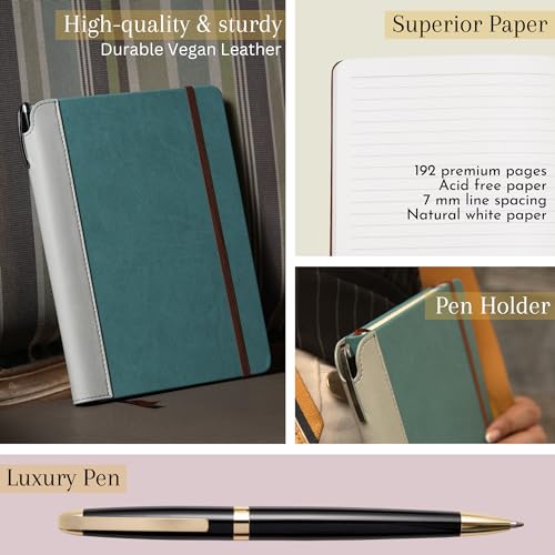 SETTINI® Lined Journal - Sleek Teal Journal for Writing Gift Set - Hardcover Vegan Leather, Includes Luxury Pen in a Unique Pen Holder, 192 Pages, 6 x 8.5 inches, Christmas Gifts - Image 3